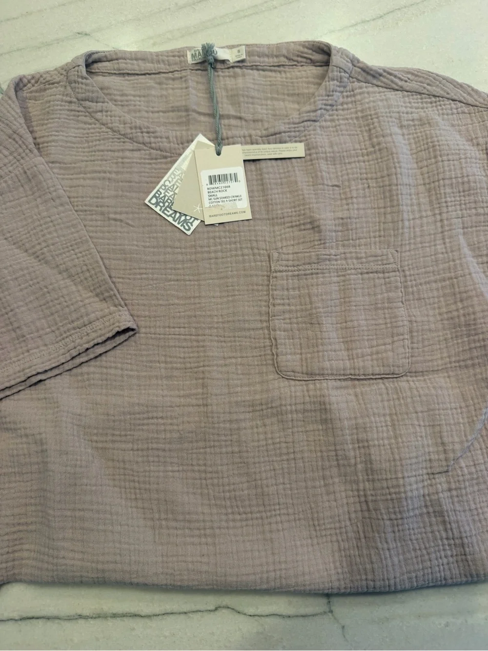 Barefoot Dreams Mauve 100% Cotton Crinkle Tee & Short Set-NWT - Picture 3 of 14
